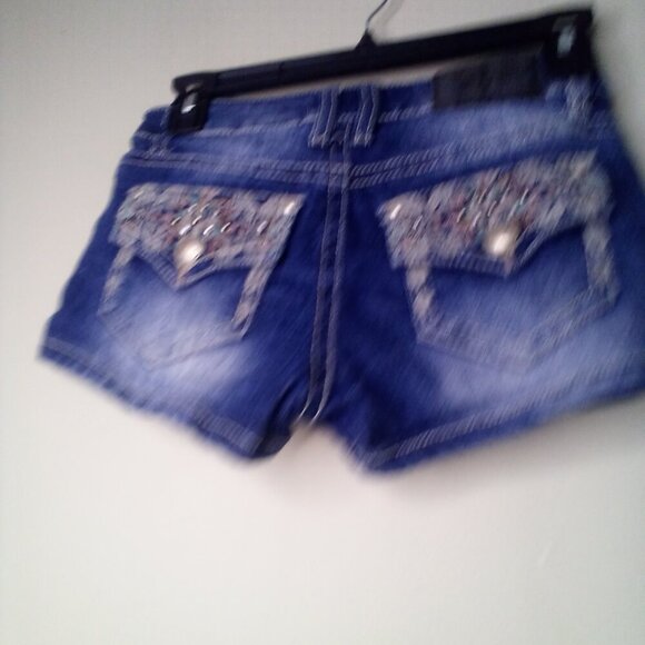 Soundgirl Shorts Juniors 1 Button Pockets Embroidery Rhinestones Denim Blue - Picture 12 of 14